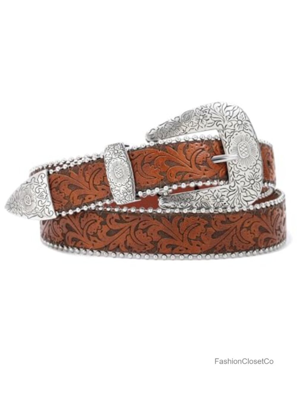 Western Floral Tooled PU Leather Belt Beaded Trim Silver Buckle